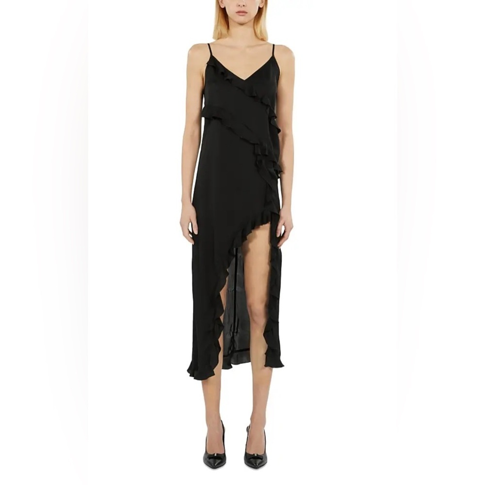 THE KOOPLES Black Midi Slip Dress with Ruffles womens size Medium/6 NWT